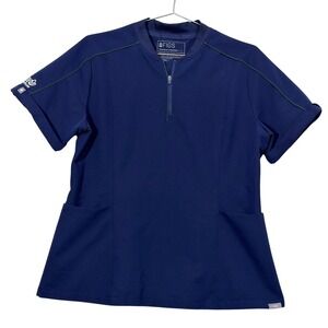 FIGS Scrub Top Women Large Navy Blue Quarter Zip Technical Collection‎ Aya Logo